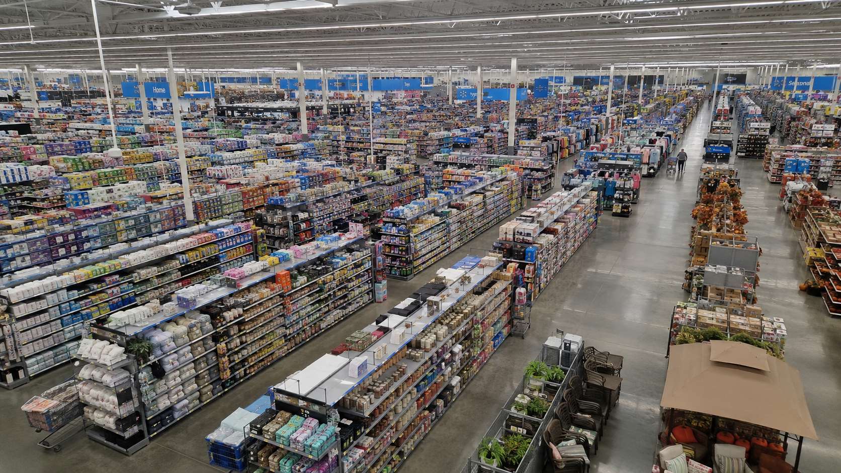 Illustration of the interior of a large department store, with tall aisles of varied merchandise stretching into the distance