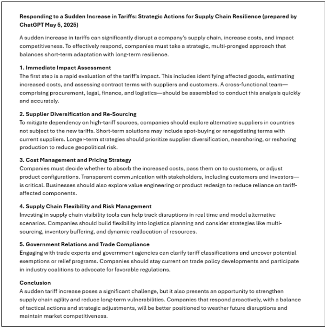 ChatGPT's version of how a supply chain should respond to tariff increases.