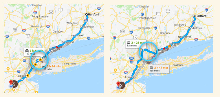 Path planned by Google maps based on estimated travel times (left); alternative path based on perceived risk of driving through New York city (right).