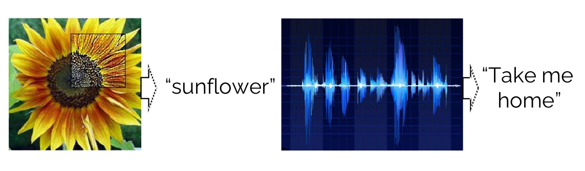 Illustration of the ability of a neural network to recognize the picture of a sunflower, or the voice pattern saying Take me home.