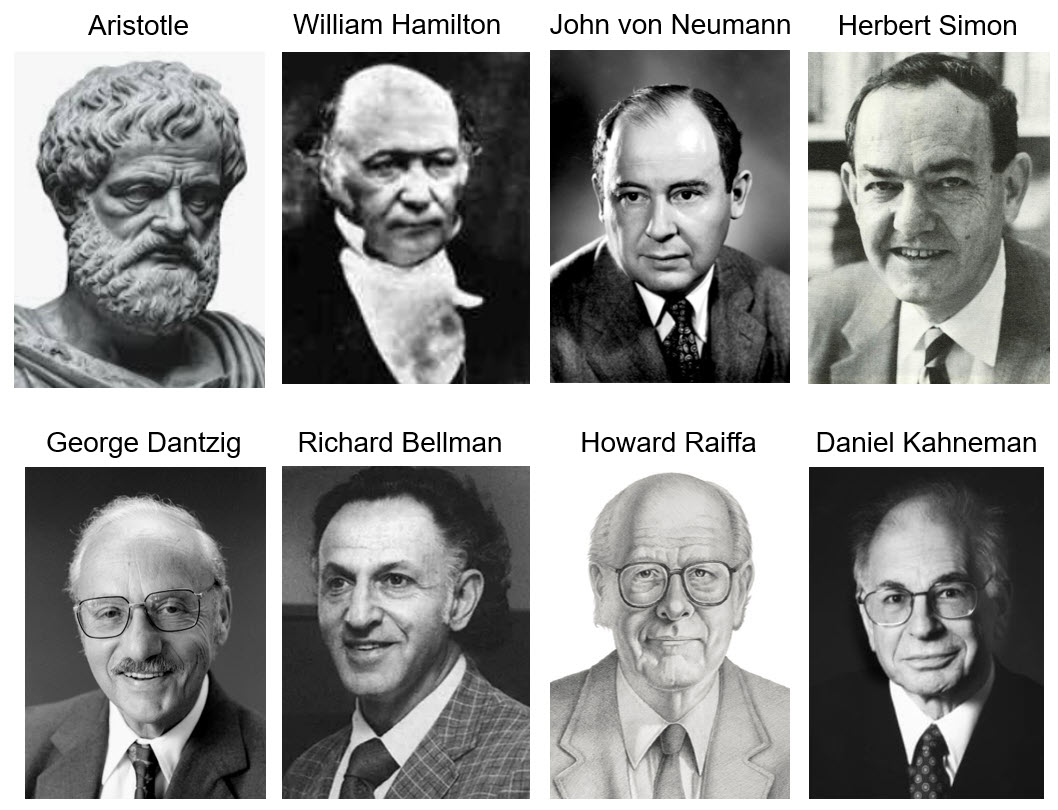 A panel of portraits or headshots of the eight great thinkers: Aristotle, William Hamilton, John von Neumann, Herbert Simon, George Dantzig, Richard Bellman, Howard Raiffa, and Daniel Kahneman