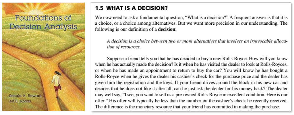Scan of Ron Howard's 2015 definition of a decision from 'Foundations of Decision Analysis'