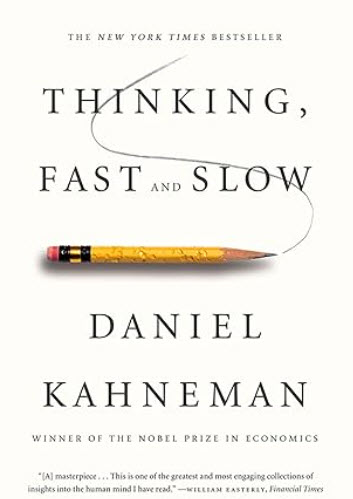 Cover of Daniel Kahneman's book 'Thinking, Fast and Slow' — a sketch of two figures with the title set in stencil-style type
