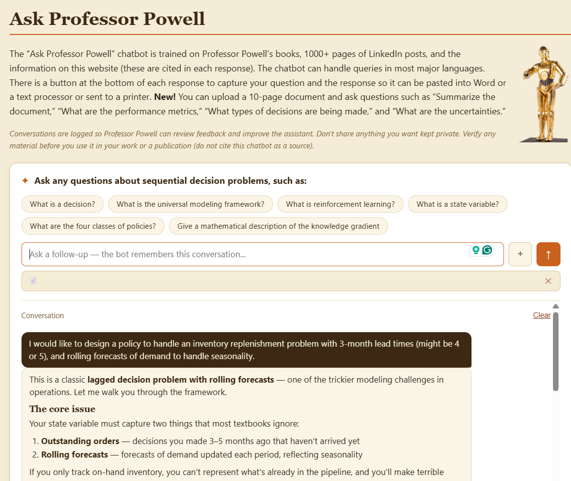 Screenshot of the Ask Professor Powell chatbot page, showing suggested starter questions and a conversation in which the assistant frames an inventory replenishment problem using the five-element model