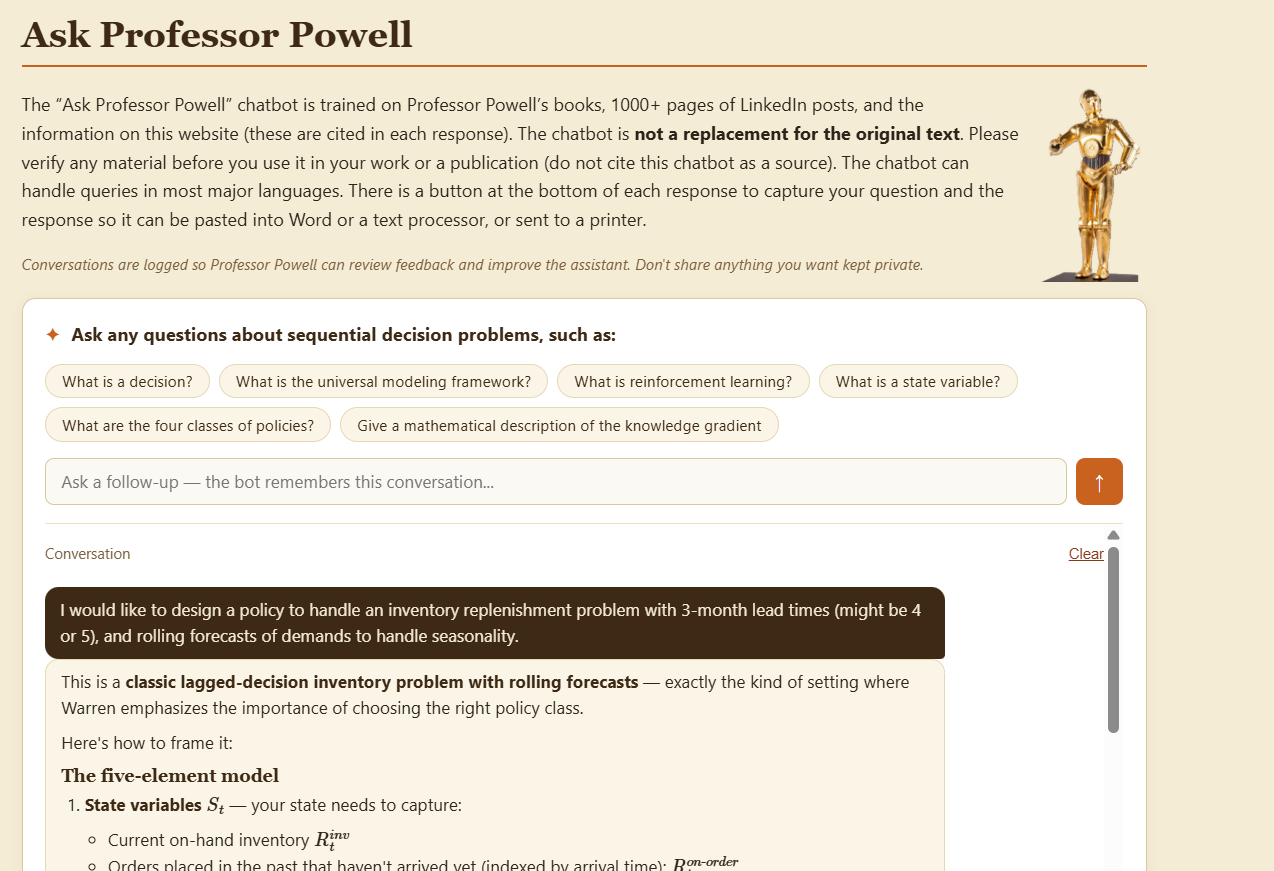 Screenshot of the Ask Professor Powell chatbot page, showing suggested starter questions and a conversation in which the assistant frames an inventory replenishment problem using the five-element model
