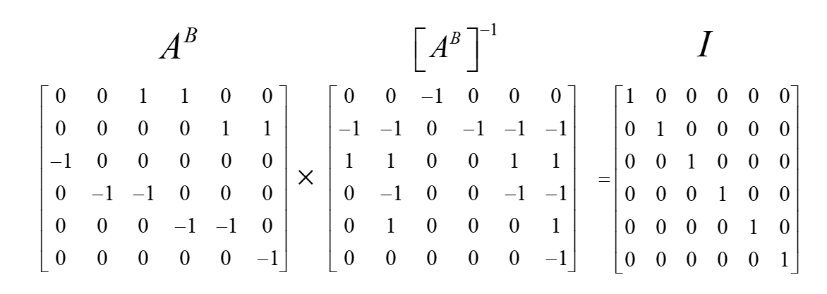 A-superscript-B multiplied by its computed inverse, verified to equal the identity matrix.
