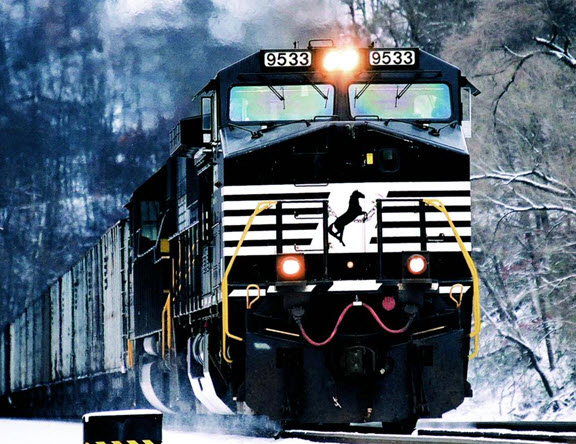Front view of a Norfolk Southern locomotive