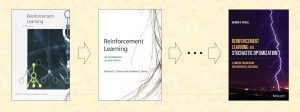 A horizontal timeline graphic with arrows tracing the evolution of the reinforcement-learning field from Sutton and Barto's 1998 first edition through their 2018 second edition, suggesting a possible convergence toward a universal framework