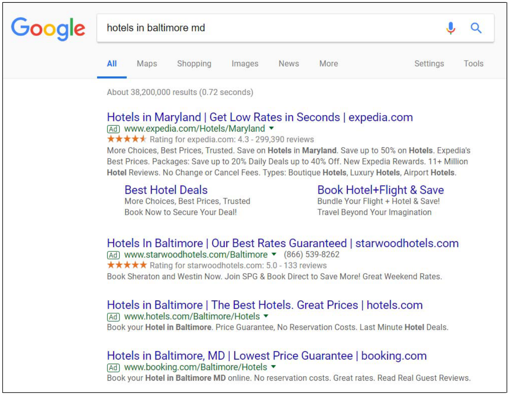 Sample of displayed ads in response to an ad-word search.