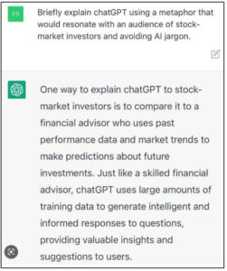 Screenshot of a ChatGPT conversation: the user asks for a metaphor explaining chatGPT to stock-market investors, and ChatGPT responds with a financial-advisor analogy